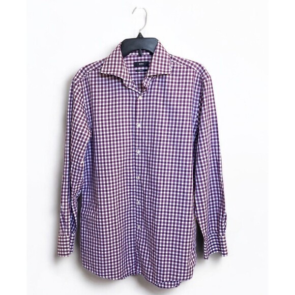 Hugo Boss 16 32/33 Button Front Long Sleeve Shirt Purple/White Check Sharp Fit - Picture 2 of 2